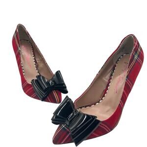 New Betsey Johnson Plaid Bow Pumps Red Pointed Toe Heels Stiletto Size‎ 5.5